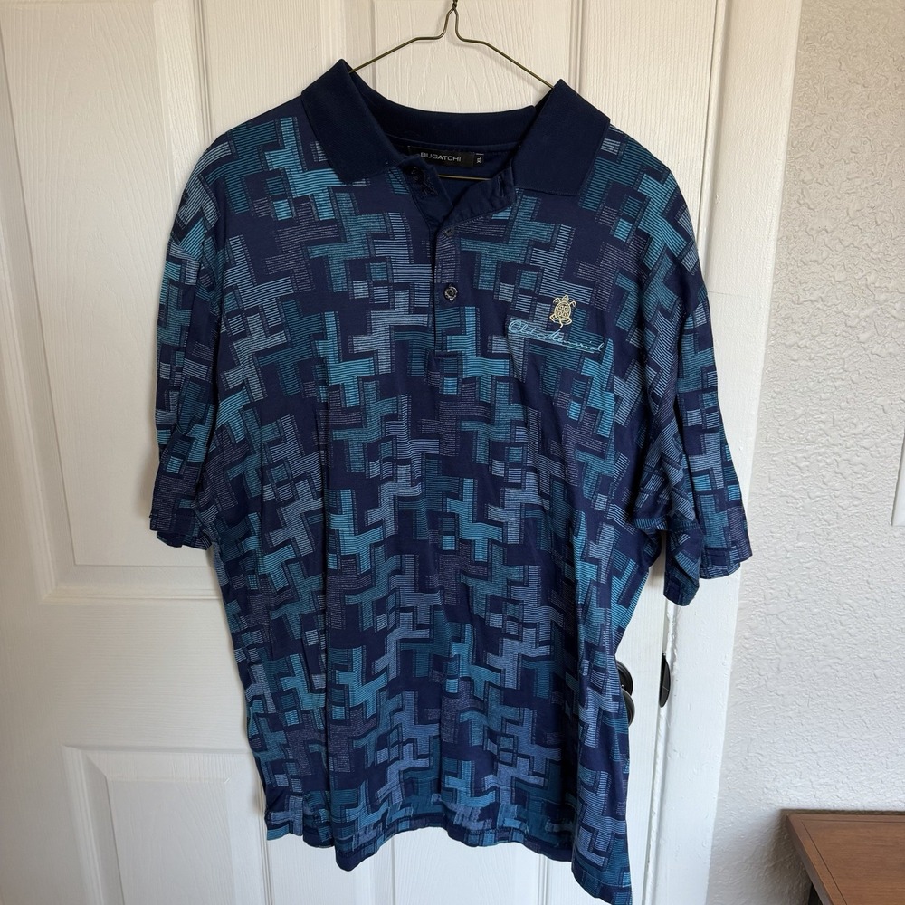 Bugatchi Polo Shirt Blue Teal Geometric Short Sleeve Logo Embroidered Men's XL